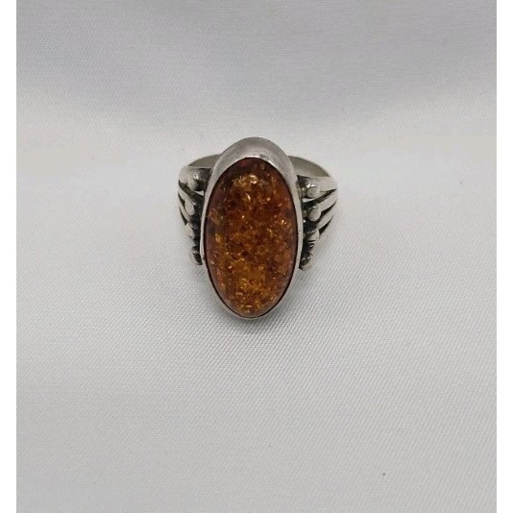 UNIQUE VINTAGE STERLING SILVER LARGE AMBER  STATEMENT RING